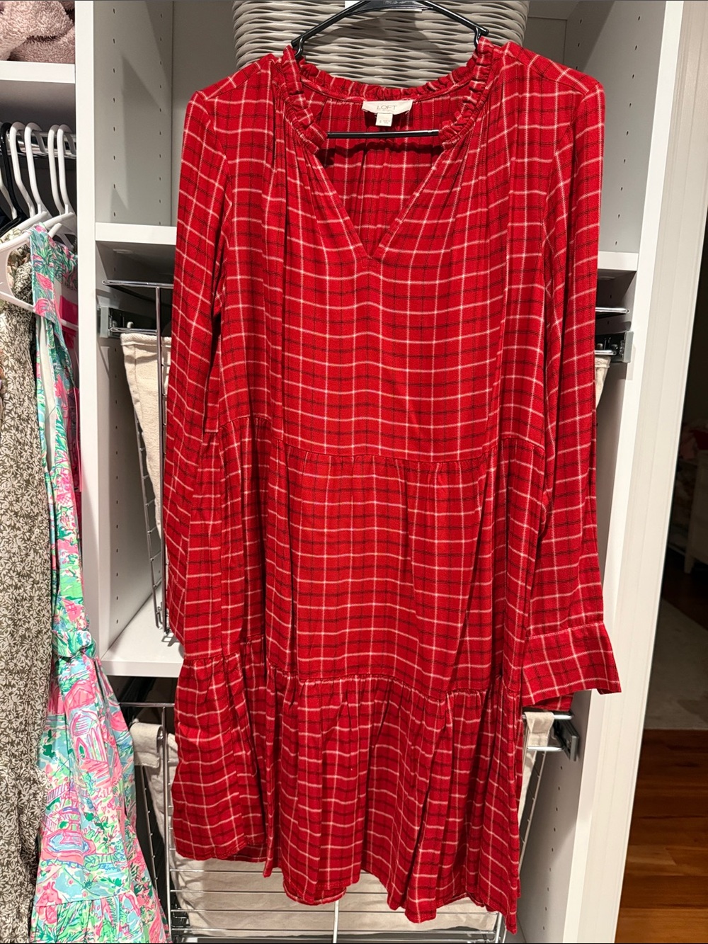 LOFT Red Plaid Long-Sleeve Mini Dress